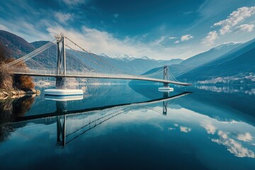 A serene view of a modern bridge reflecting in calm waters surrounded by mountains.