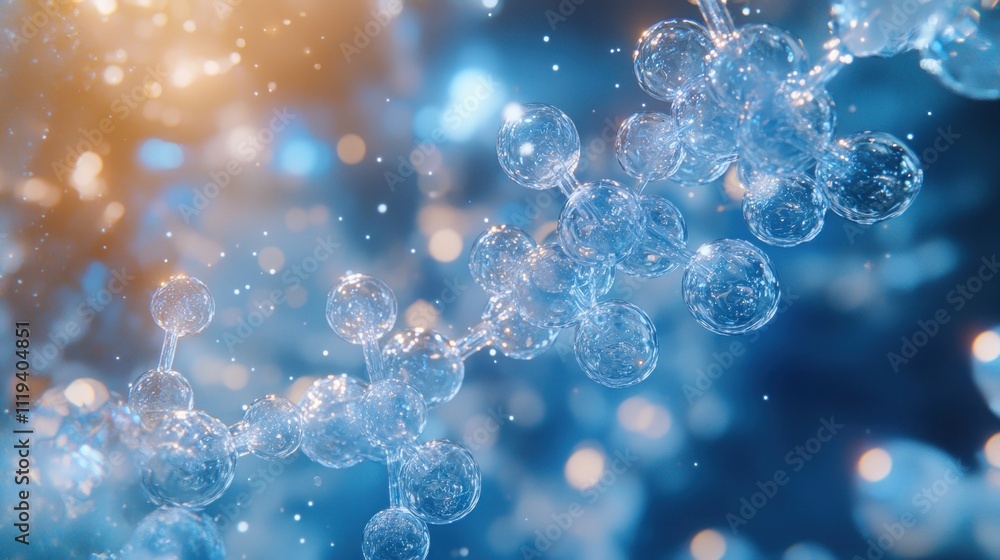 Poster abstract 3d rendering of a molecule structure with glowing particles in blue and orange tones.
