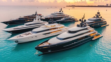 Aerial view of luxury yachts anchored in clear waters during sunset.