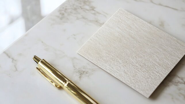 an elegant postcard mockup resting on a white marble desk, with a luxury gold pen beside it, providing an upscale and sophisticated aesthetic. The texture of the card is crisp and detailed.