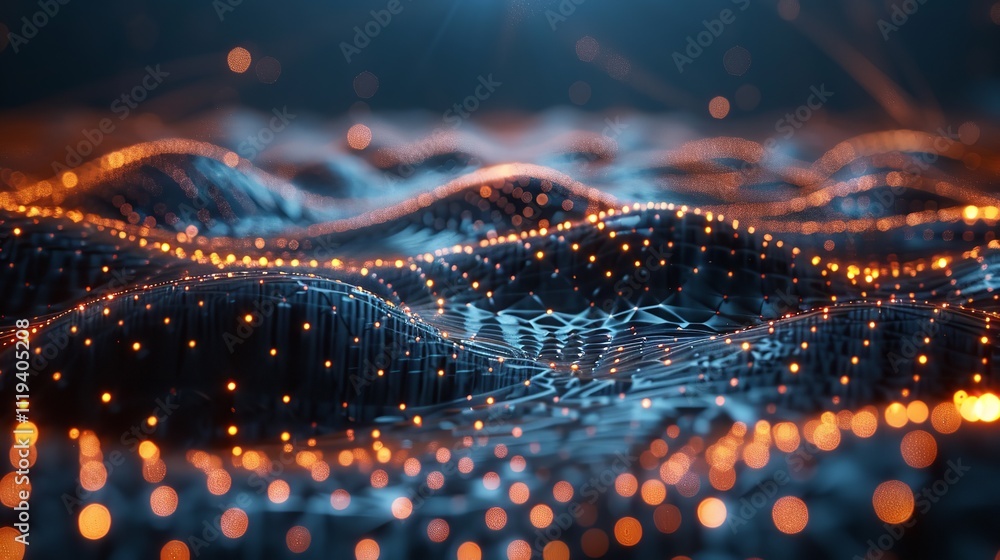 Poster tech data particles - abstract background with digital waves technology background.