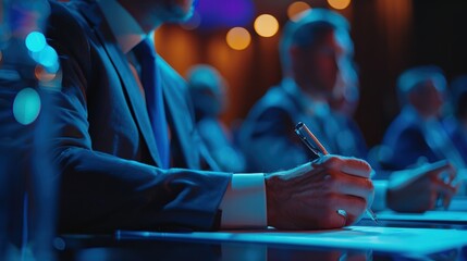 A close-up view of a businessperson taking notes during a cybersecurity training session focused on safe browsing habits and secure data practices, highlighting the practical aspects of the training
