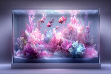 Vibrant aquarium with colorful fish and coral scenery.