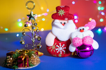 New Year's Holidays. New Year backgrounds. Christmas ornaments and decorations. New Year symbols. Santa Claus. Snowman. Winter fairy tale backgrounds.