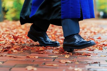 a graduate black shoes stepping on crunchy autumn leaves, the hem of their graduation gown swaying as they walk down a brick pathway.