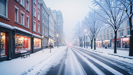 In the city with old buildings, in winter, covered with snow. Winter background. AI generated.