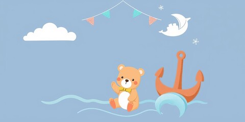 Nautical themed baby shower cards with a cute little bear, quotes, and marine elements for kids party invitations and nursery posters, vector illustration, party, nautical