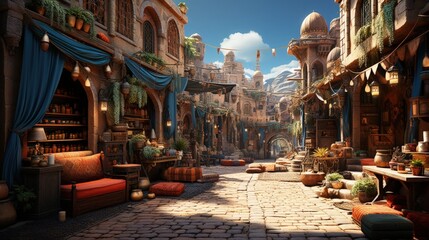 Naklejka premium A bustling Moroccan souk with colorful textiles