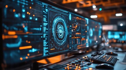 Obraz premium A glowing holographic security system protecting wealth in a hightech workspace, cinematic focus