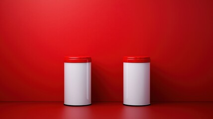 Two white cans with red lids are placed next to each other on a red wall