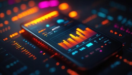 A glowing personal finance app displayed alongside a wealth chart, soft natural shadows and warm hues