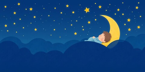 Newborn baby boy peacefully sleeping on a crescent moon surrounded by stars in the night sky, stars, serene