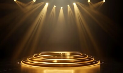 Golden Light Rays Background with Illuminated Stage Podium for Award Ceremony, Generative Ai