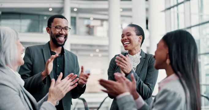 Applause, high five and networking with business people at conference center for success, support and solidarity. Diversity, partnership and connection expo with employees for pride and achievement