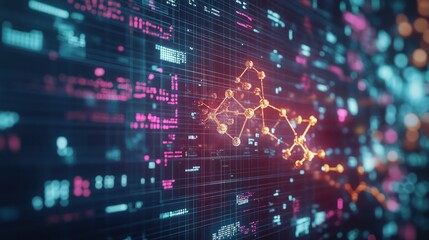 Abstract digital network data flow with glowing nodes and lines on a dark background.