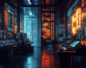 A glowing trading floor with cash and digital screens displaying market movements, cinematic depth