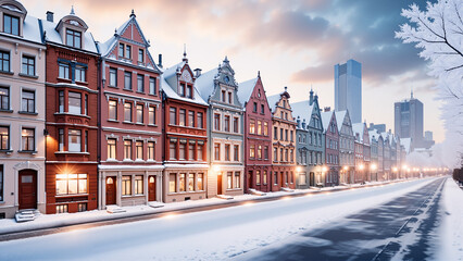 Naklejka premium In the city with old buildings, in winter, covered with snow. Winter background. AI generated.