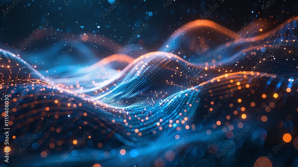 Poster tech data particles - abstract background with digital waves technology background.