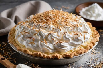 A coconut cream pie with a golden crust, whipped cream, and coconut shavings.