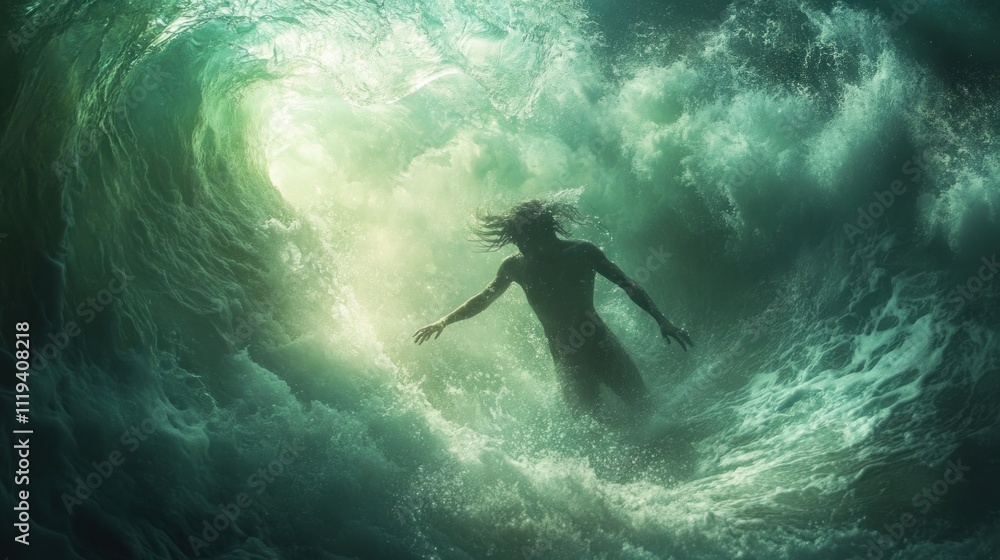 Poster A person submerged in turbulent ocean waves, creating a dramatic and ethereal atmosphere.
