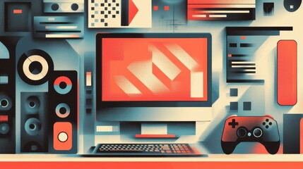 Abstract Digital Art: Computer, Game Controller, and Speakers