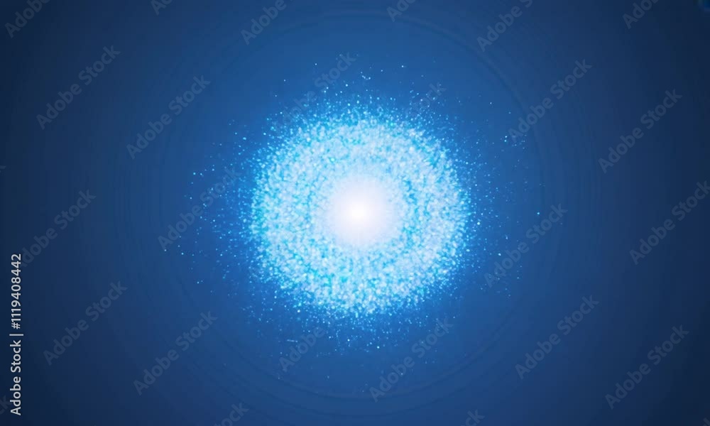 Poster abstract blue light orb with concentric circles, glowing particle effect