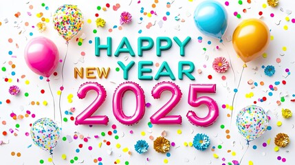 3D illustration of colorful balloons, flowers, and confetti around the inscription "HAPPY NEW YEAR 2025" in bright colors on a white background, with 2025 numbers and space for text. Ai