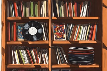 A wooden bookshelf filled with books and vinyl records, showcasing a cozy reading space.