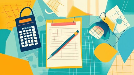 Abstract Illustration of a Calculator, Pencil, and Clipboard