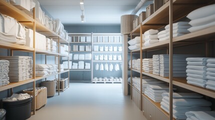 imagine prompt: A spacious storage area in a factory, showcasing minimalist organization with clearly labeled shelves, streamlined inventory processes, and a focus on efficiency