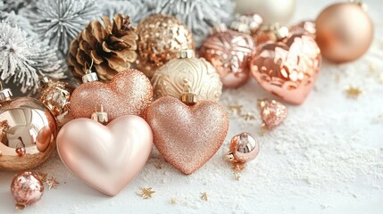 A delicate display of heart-shaped ornaments in rose gold and gold tones on a clean, light backdrop