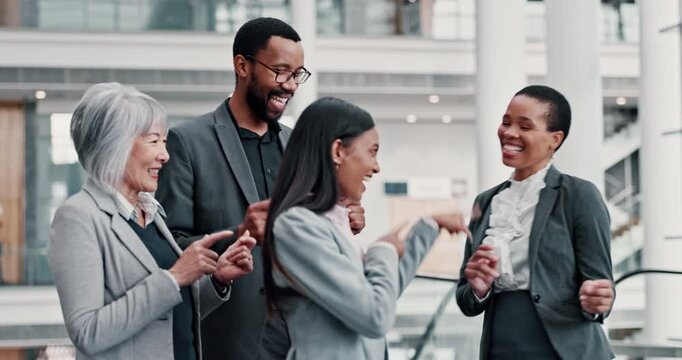 Business, people and dancing with celebration outdoor for promotion, achievement and junior partner at law firm. Lawyer, legal team and support woman for success, opportunity or excited by courthouse