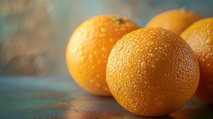 Close-up studio shot of several oranges arranged
