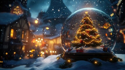 Fototapeta premium A detailed snow globe highlighting a decorated Christmas tree, encased in swirling snow and illuminated by festive lights.