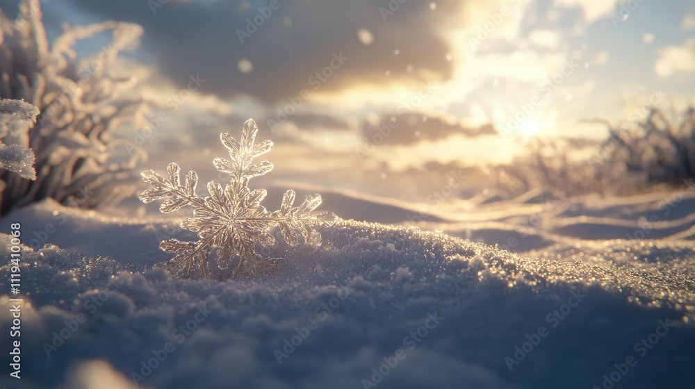 Poster a detailed view of a snowflake lying on a snowdrift, with natural winter light creating a magical fe