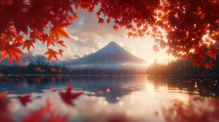 Majestic mountain sunrise framed by vibrant autumn leaves reflected in calm lake water.