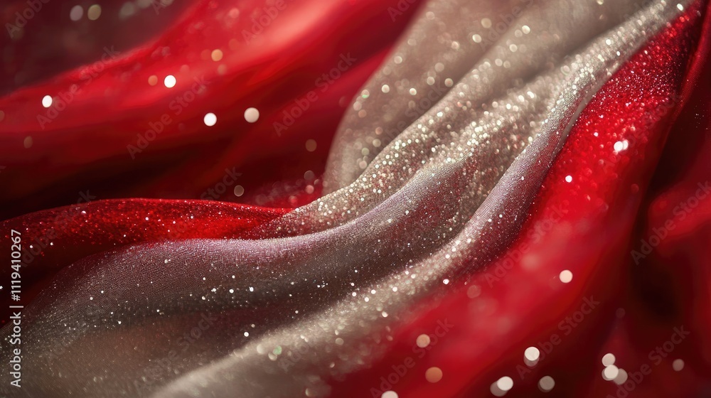 Poster a dramatic display of flowing red and shimmering silver fabric, highlighted by delicate sparkles for