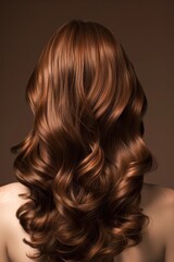 Fototapeta premium Stunning Back View of a Woman with Long, Wavy Brown Hair. Glossy, healthy, and elegantly styled tresses, showcasing a luxurious and radiant look. Perfect for beauty, fashion, and hair care content.