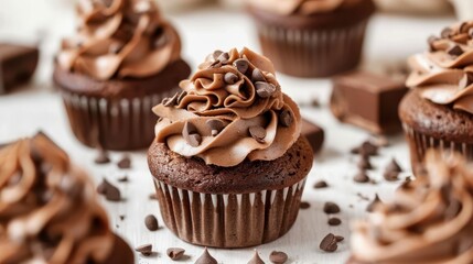 Scrumptious Chocolate Cupcakes: A Decadent Delight of Chocolate Frosting and Chips. Perfect for chocolate lovers and sweet tooths!