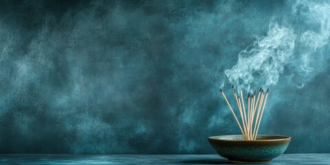A bowl of incense sticks is sitting on a table. The bowl is filled with incense sticks and the smoke is rising from it. The blue background of the image creates a calming and serene atmosphere