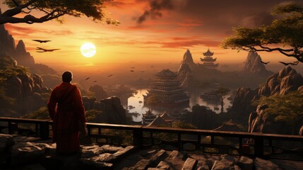 A solemn Buddhist monk receiving alms at sunrise