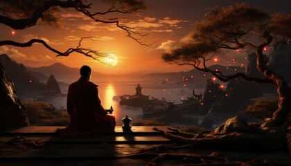 A solemn Buddhist monk receiving alms at sunrise