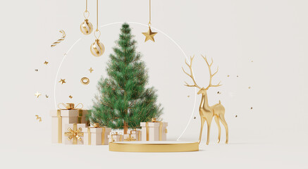 3D render, Christmas and new year background with podium showing stage, elegant Christmas tree with golden decorations and reindeer surrounded by festive gifts. © TANATPON
