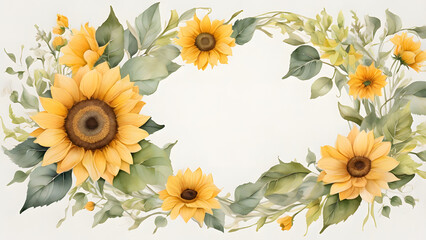 Naklejka premium A cheerful watercolor painting of a vibrant sunflower wreath. Perfect for adding a touch of warmth and happiness to any design.