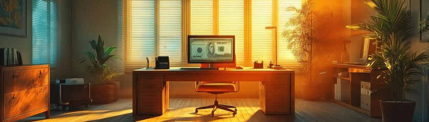 A serene office where glowing banknotes are used in financial transactions, cinematic shadows and soft lighting