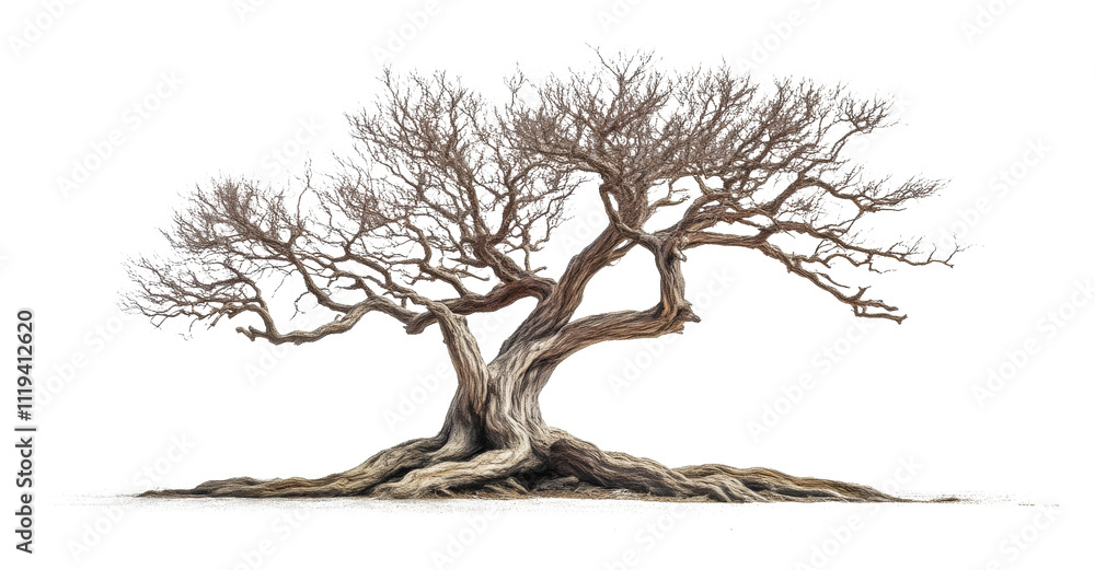 Poster ancient twisted tree with bare branches on transparent background, nature and resilience concept