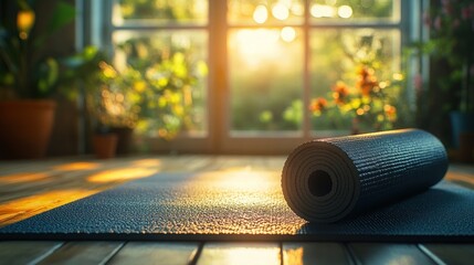 A serene yoga mat rolled out in a sunlit room filled with plants.