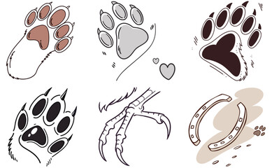 Fototapeta premium Realistic Dog Paw, Cat Paw, Bear Paw, Wolf Paw, Bird Claw, and Horse Hoof Prints