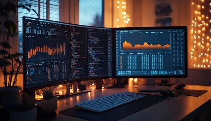 A serene workspace where budget plans and savings graphs glow on sleek monitors, warm tones and soft focus