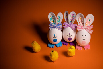 Easter eggs. funny hares. toy rabbit. toy egg. statuette easter bunny.